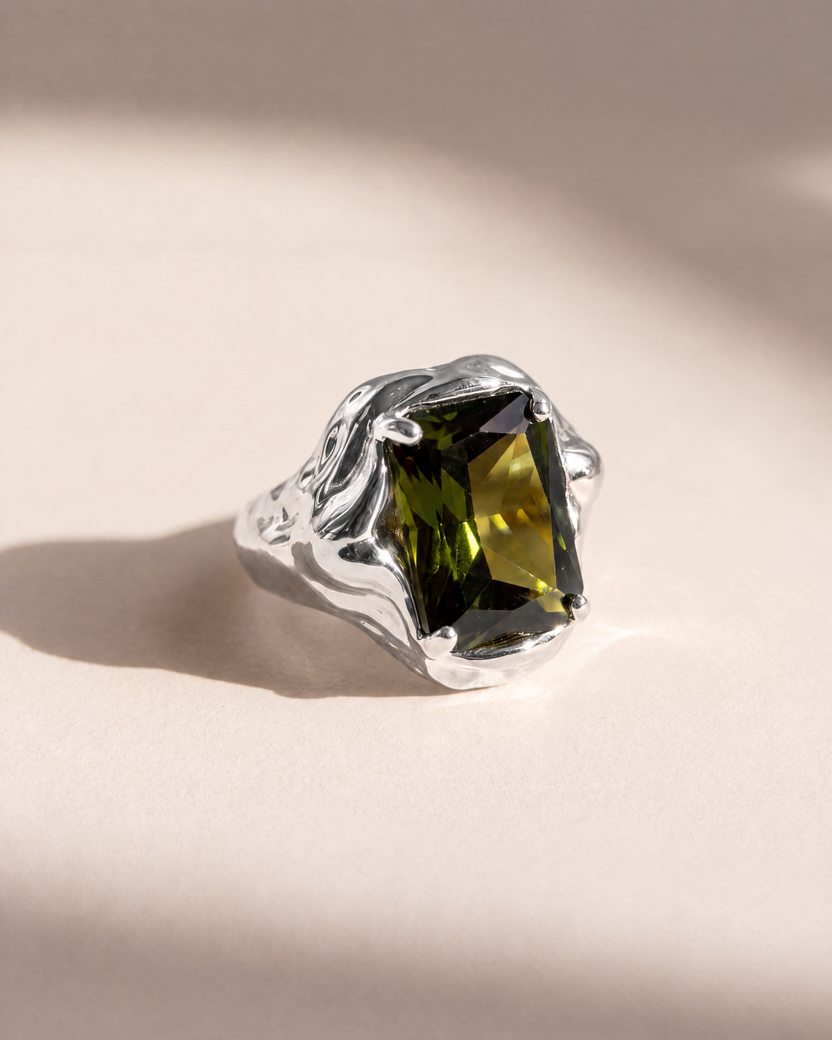 Melt Signet Ring in 925 sterling silver with an emerald cut green tourmaline