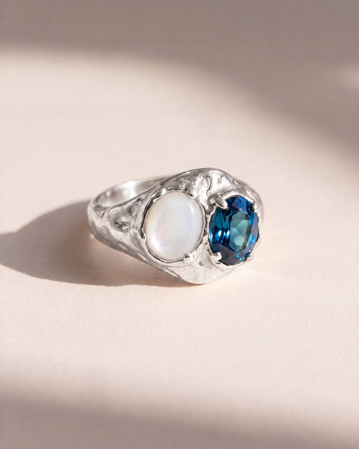 London Blue Topaz and Mother of Pearl Ring in 925 sterling silver