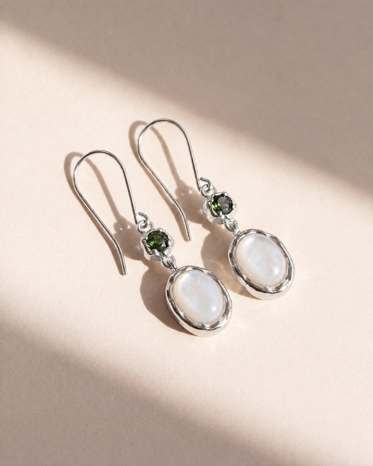 Shell Drop Earrings in 925 sterling silver with green tourmaline and mother of pearl