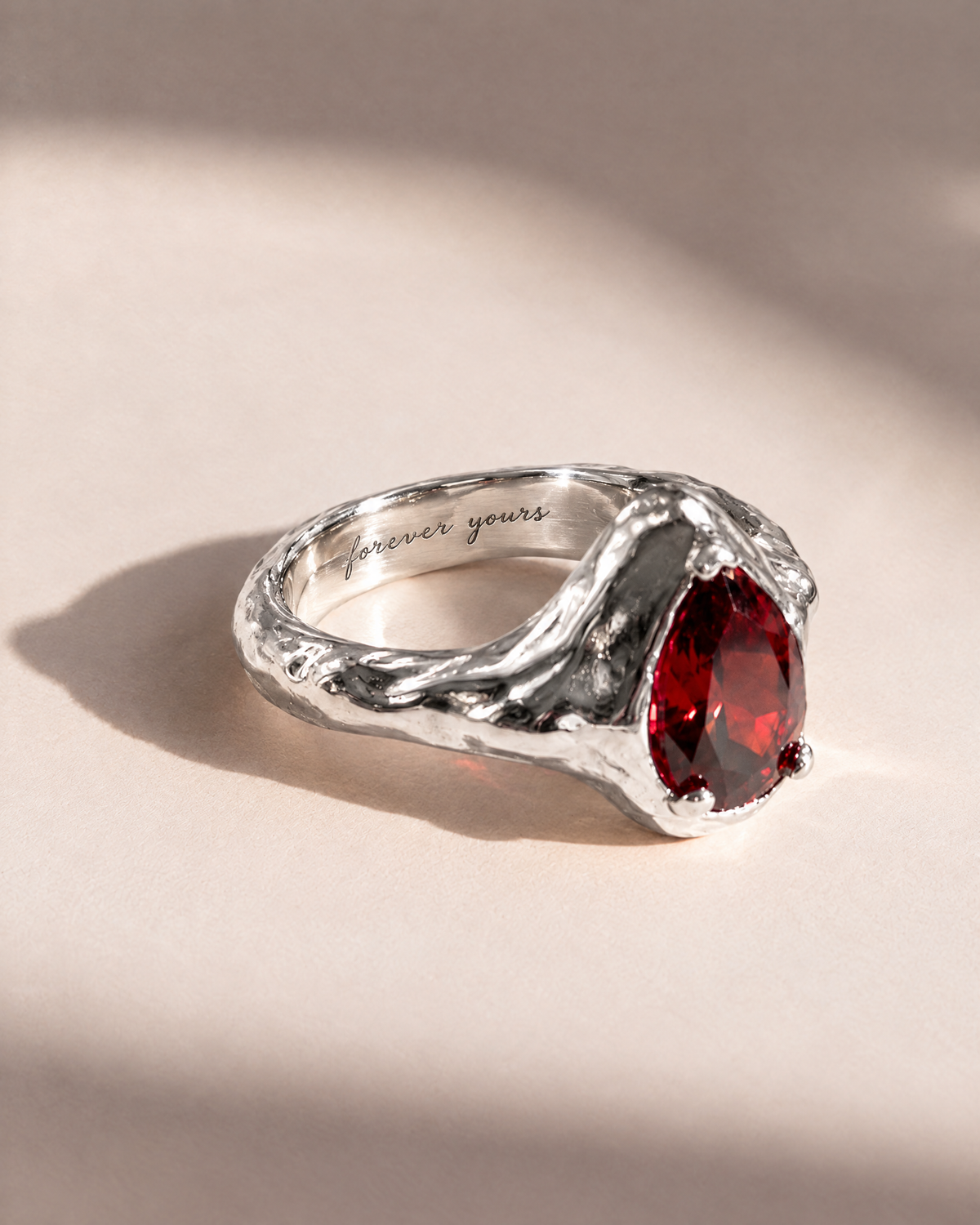 Garnet Tear Ring in 925 sterling silver with forever yours engraved inside the band, engraving preview