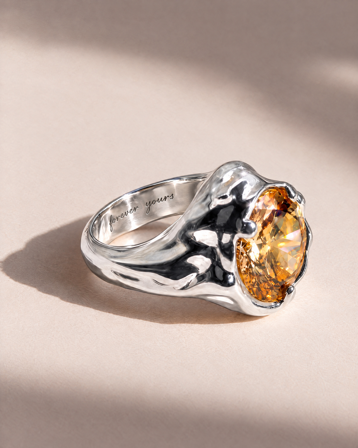 Solar Disc Ring in 925 sterling silver with forever yours engraved inside the band, engraving preview