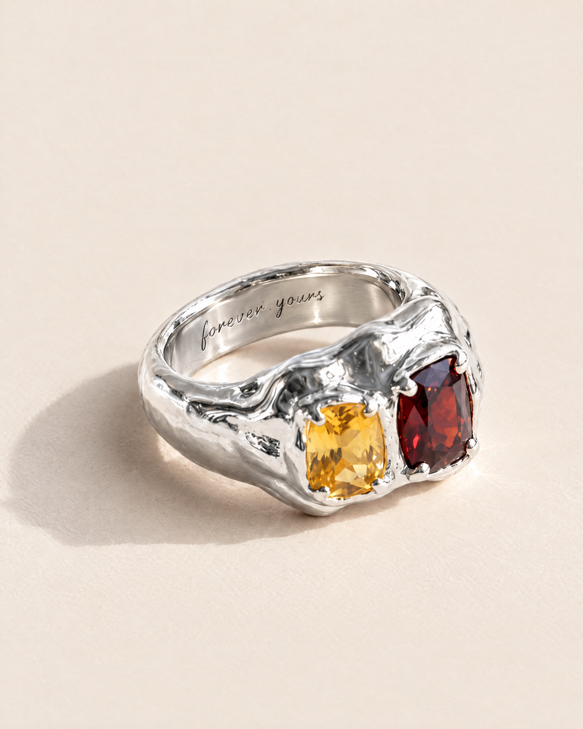 Double Stone Ring in 925 sterling silver with forever yours engraved inside the band, engraving preview