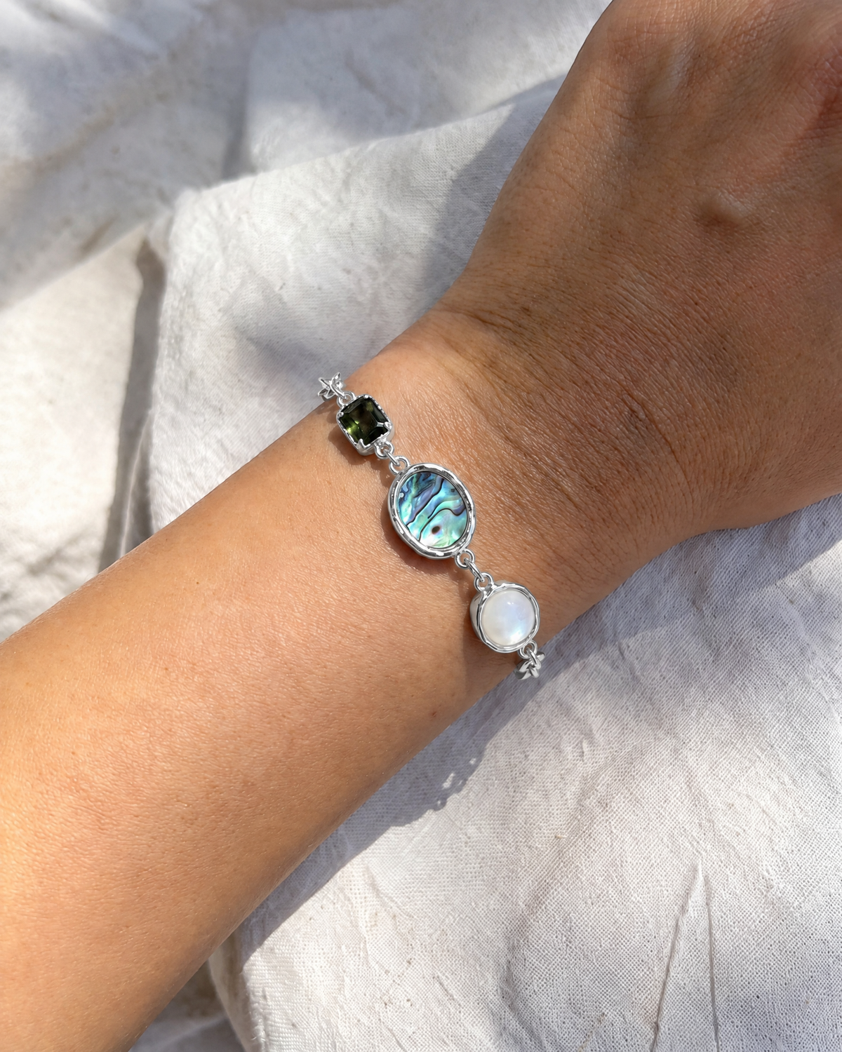 Melt Chain Bracelet in 925 sterling silver worn on the wrist, shown true to size
