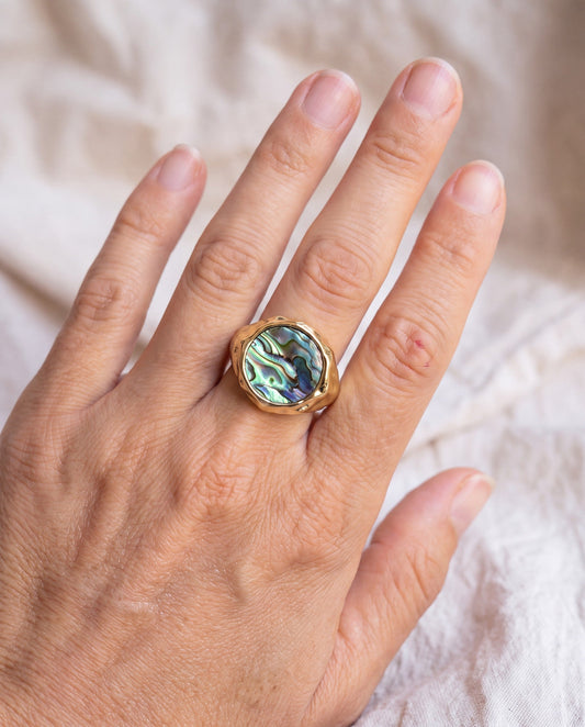 Abalone Dome Ring worn on the hand, shown true to size
