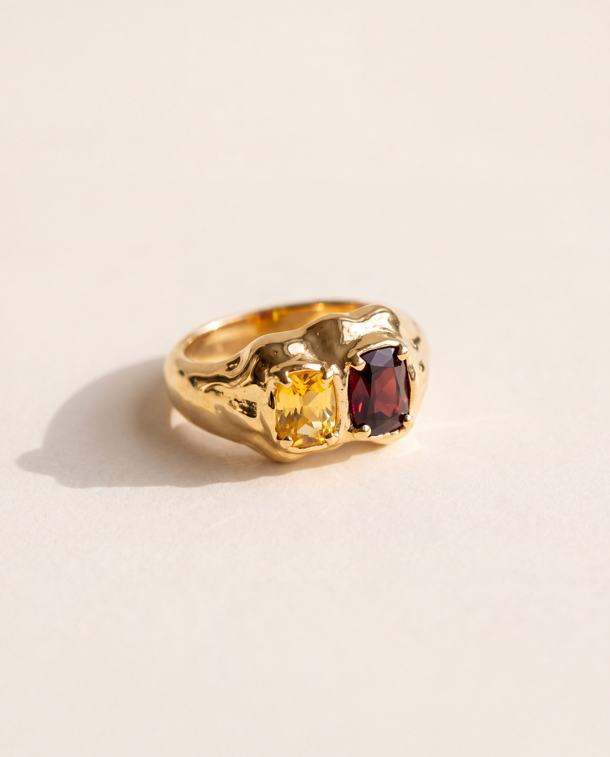 Double Stone Ring in molten 18K gold vermeil with a red garnet and a citrine side by side