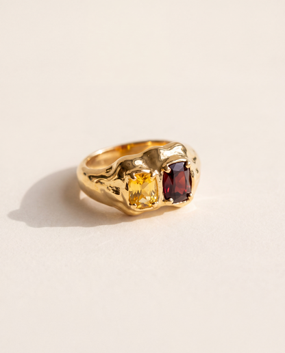 Double Stone Ring in molten 18K gold vermeil with a red garnet and a citrine side by side