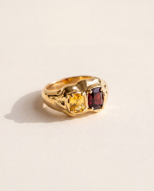 Double Stone Ring in molten 18K gold vermeil with a red garnet and a citrine side by side