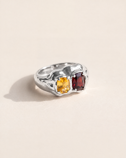 Double Stone Ring in 925 sterling silver with a red garnet and a citrine