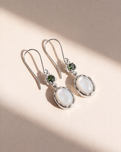 Shell Drop Earrings in 925 sterling silver with green tourmaline and mother of pearl