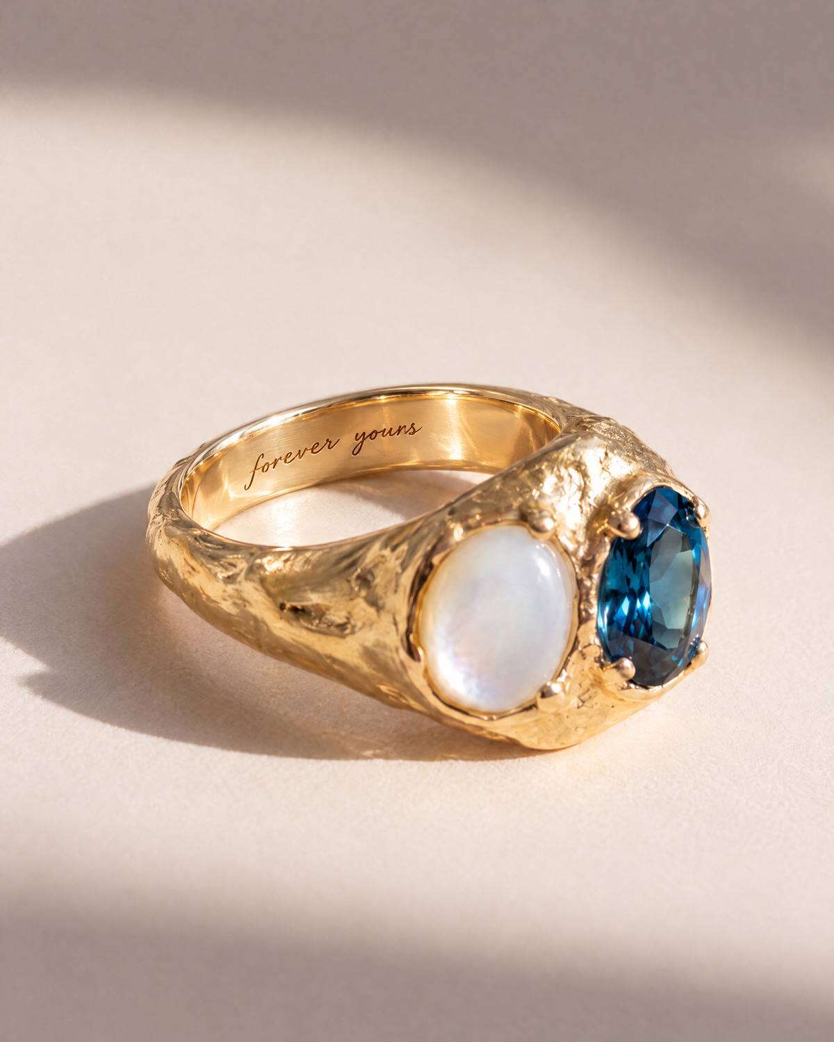 London Blue Topaz and Mother of Pearl Ring in 18K gold vermeil with forever yours engraved inside the band, engraving preview