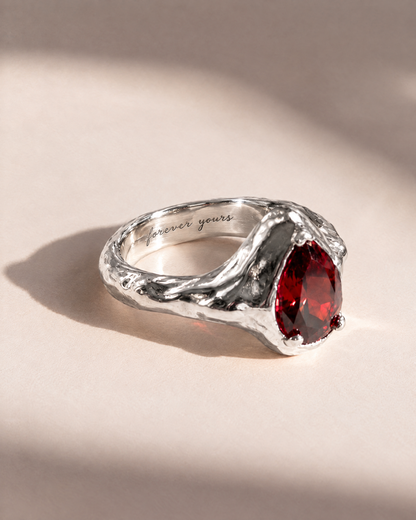 Garnet Tear Ring in 925 sterling silver with forever yours engraved inside the band, engraving preview