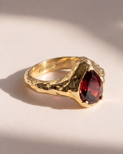 Garnet Tear Ring in 18K gold vermeil with forever yours engraved inside the band, engraving preview