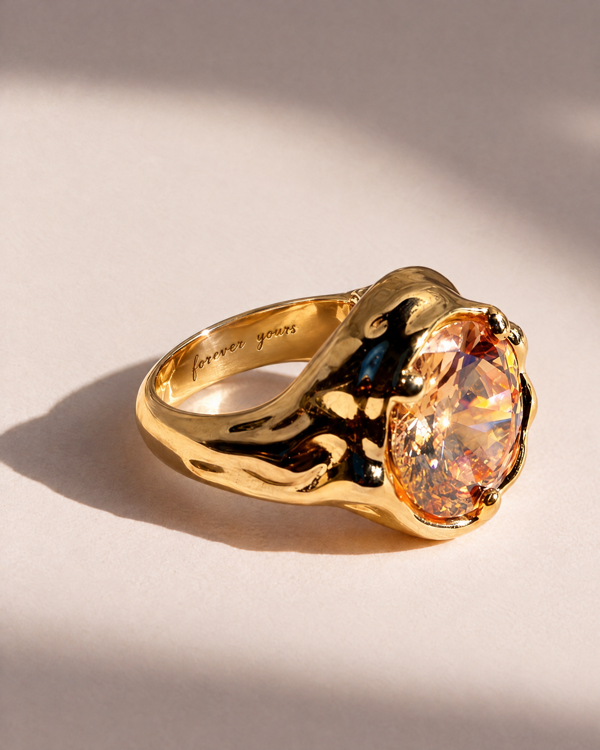 Solar Disc Ring in 18K gold vermeil with forever yours engraved inside the band, engraving preview