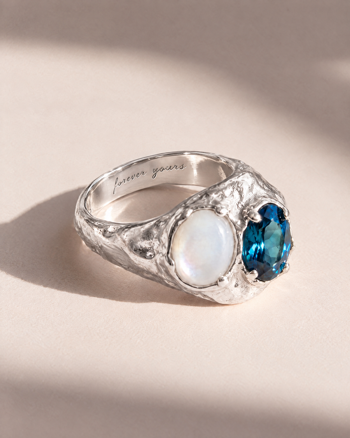 London Blue Topaz and Mother of Pearl Ring in 925 sterling silver with forever yours engraved inside the band, engraving preview