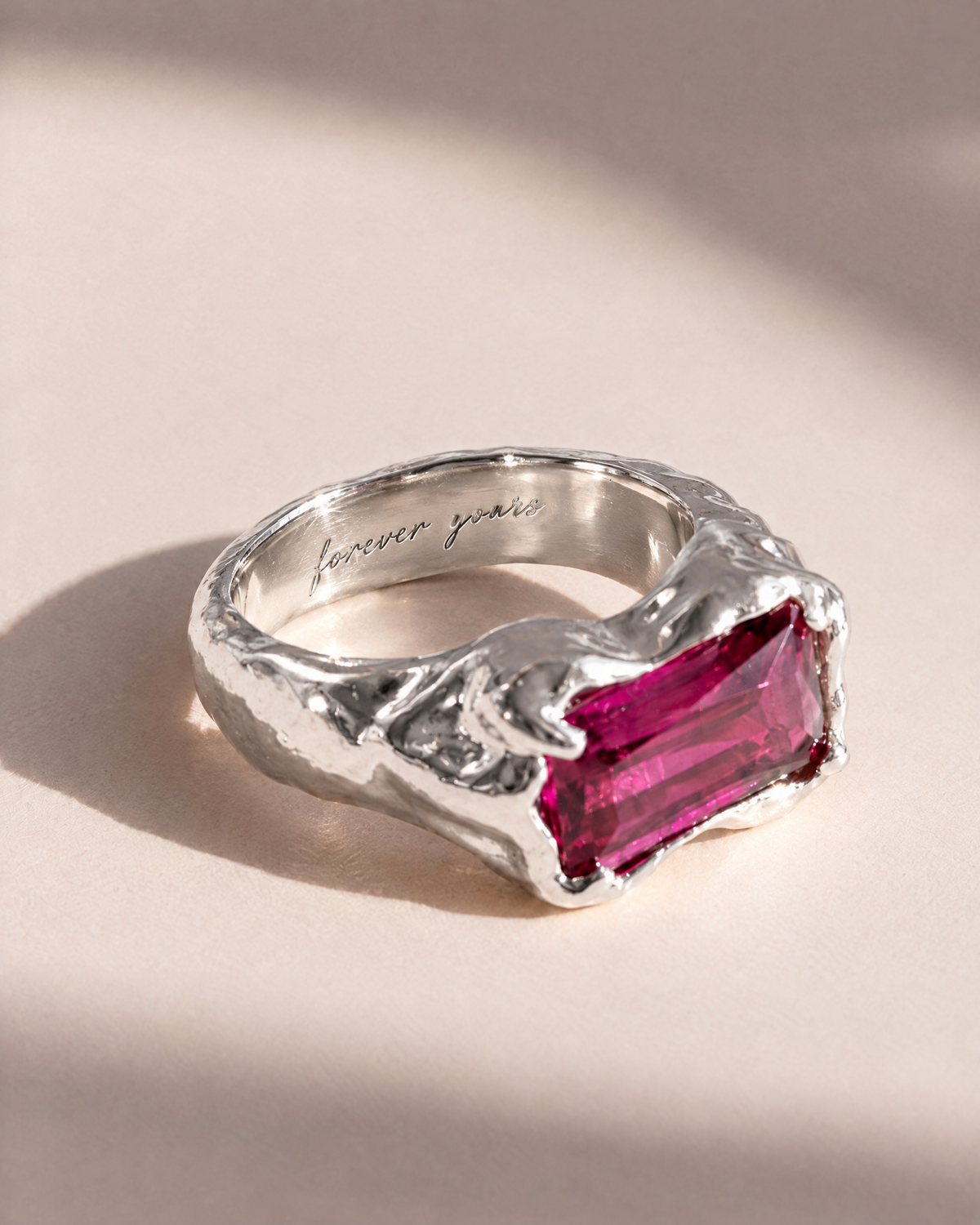 Wave Bar Ring in 925 sterling silver with forever yours engraved inside the band, engraving preview