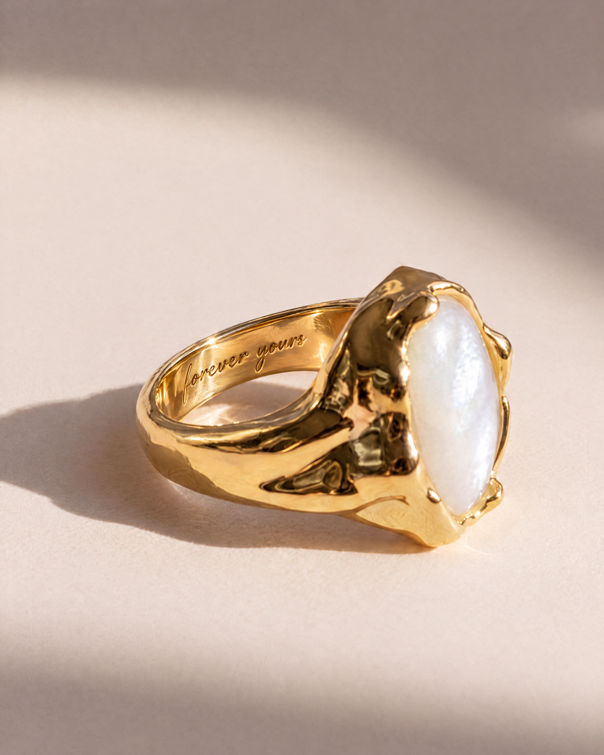 Liquid Pearl Ring in 18K gold vermeil with forever yours engraved inside the band, engraving preview