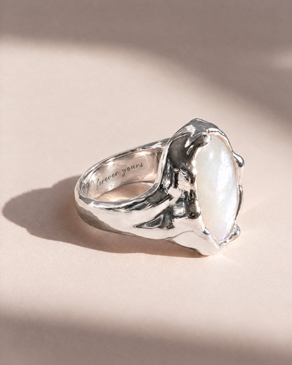 Liquid Pearl Ring in 925 sterling silver with forever yours engraved inside the band, engraving preview