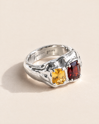 Double Stone Ring in 925 sterling silver with forever yours engraved inside the band, engraving preview