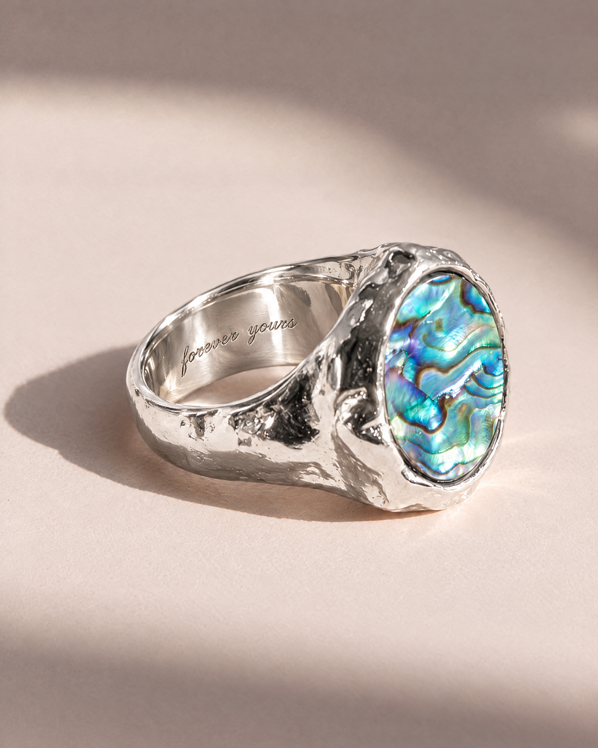 Abalone Dome Ring in 925 sterling silver with forever yours engraved inside the band, engraving preview