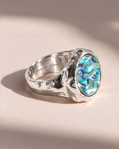 Abalone Dome Ring in 925 sterling silver with forever yours engraved inside the band, engraving preview