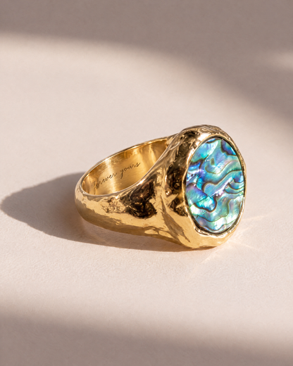 Abalone Dome Ring in 18K gold vermeil with forever yours engraved inside the band, engraving preview