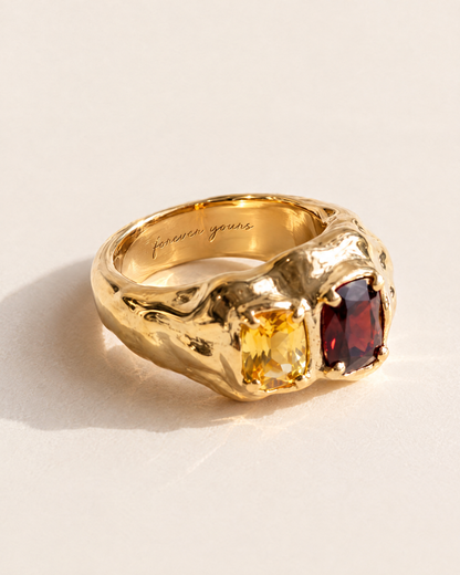 Double Stone Ring in 18K gold vermeil with forever yours engraved inside the band, engraving preview
