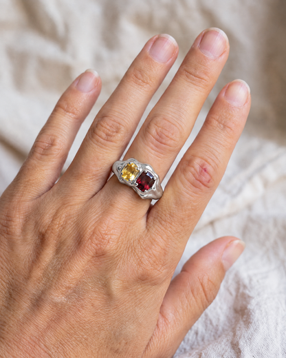 Double Stone Ring in 925 sterling silver worn on the hand, shown true to size