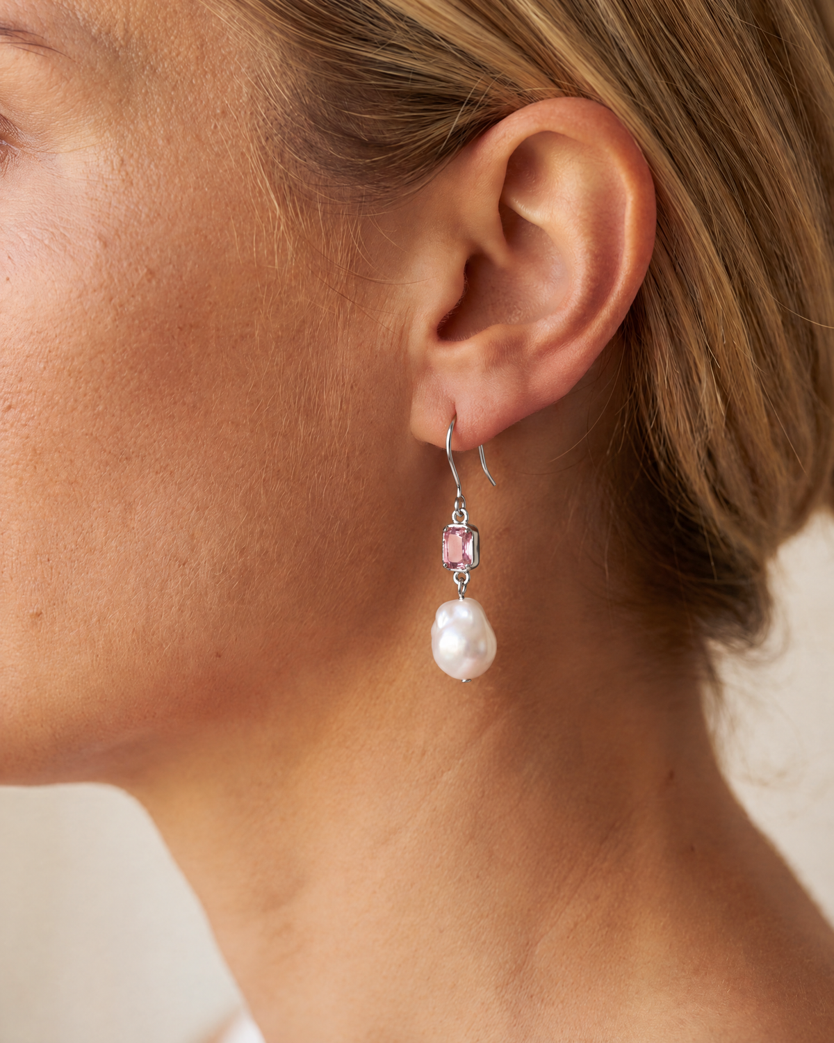 Drip Pearl Earrings in 925 sterling silver worn, shown true to size