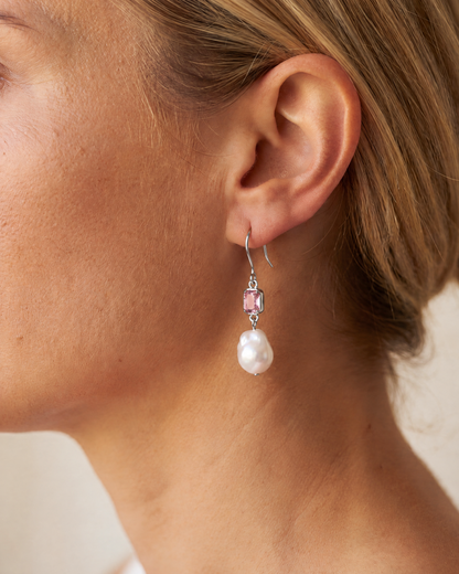 Drip Pearl Earrings in 925 sterling silver worn, shown true to size