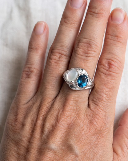 London Blue Topaz and Mother of Pearl Ring in 925 sterling silver worn on the hand, shown true to size