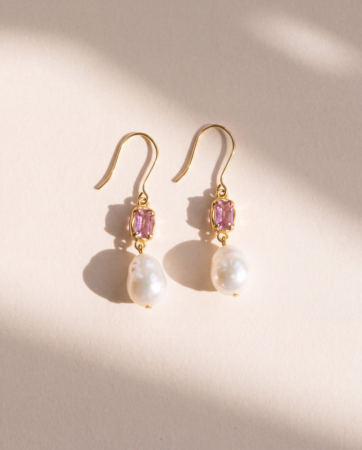 Drip Pearl Earrings in 18K gold vermeil with pink tourmaline and baroque pearl