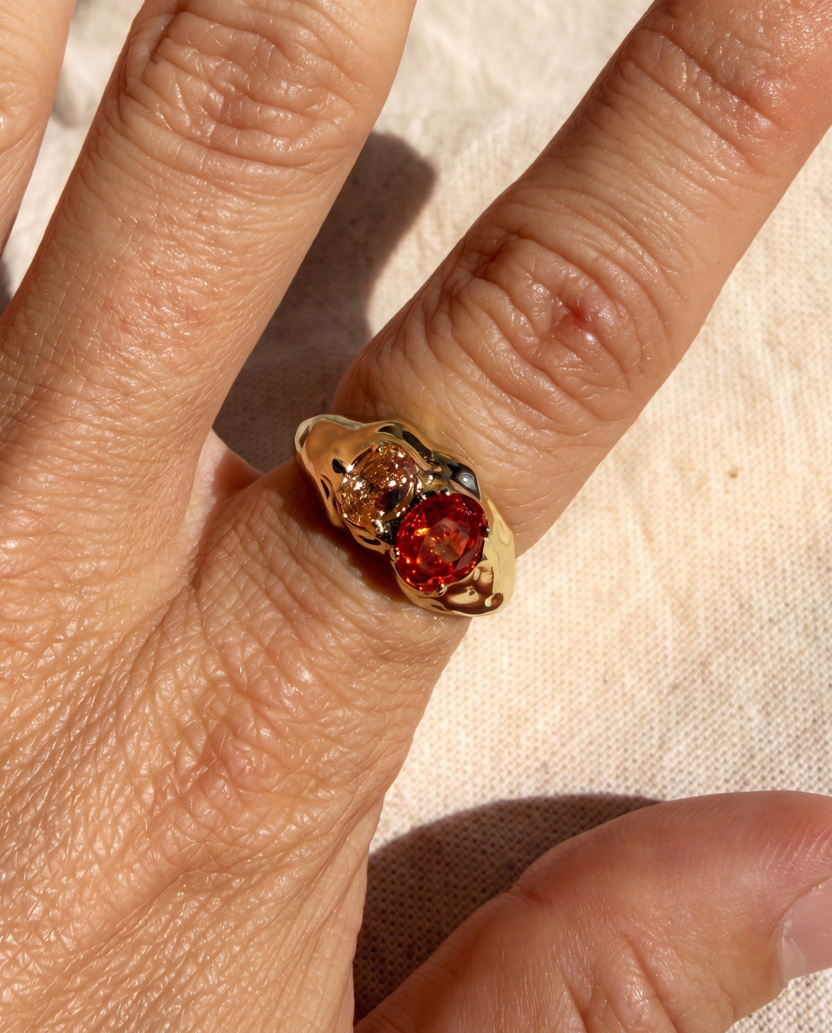 Ember Double Stone Ring worn on the hand, shown true to size