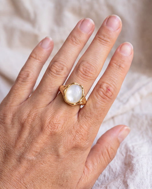 Liquid Pearl Ring worn on the hand, shown true to size