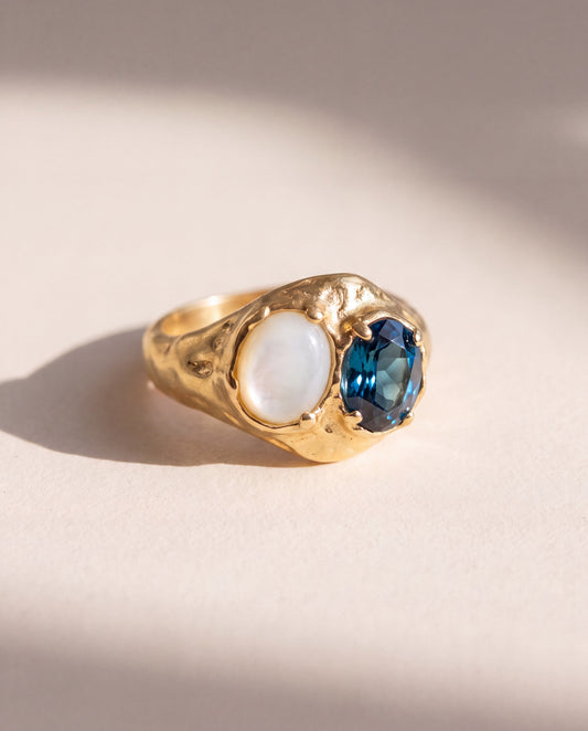 London Blue Topaz and Mother of Pearl Ring in sculptural 18K gold vermeil