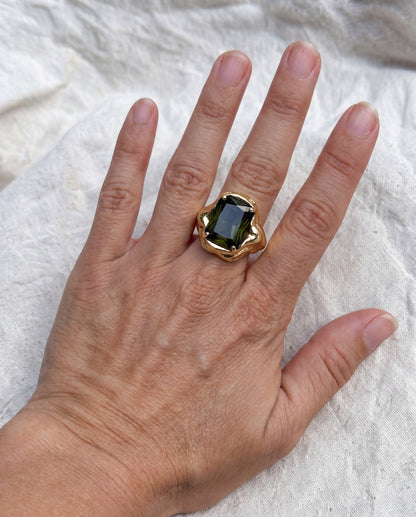 Melt Signet Ring worn on the hand, shown true to size