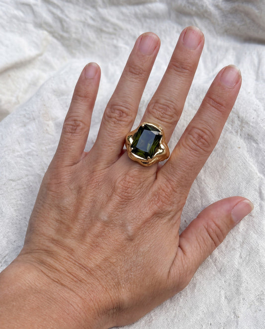 Melt Signet Ring worn on the hand, shown true to size