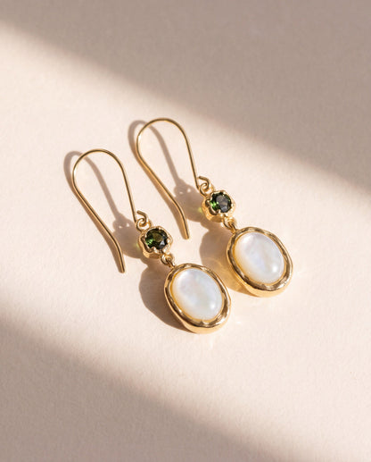 Shell Drop Earrings in 18K gold vermeil with green tourmaline and mother of pearl