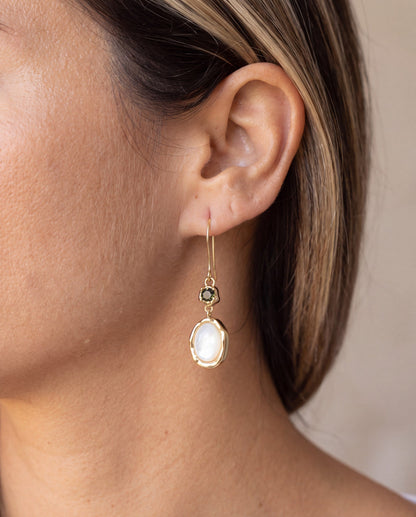 Shell Drop Earrings worn, shown true to size